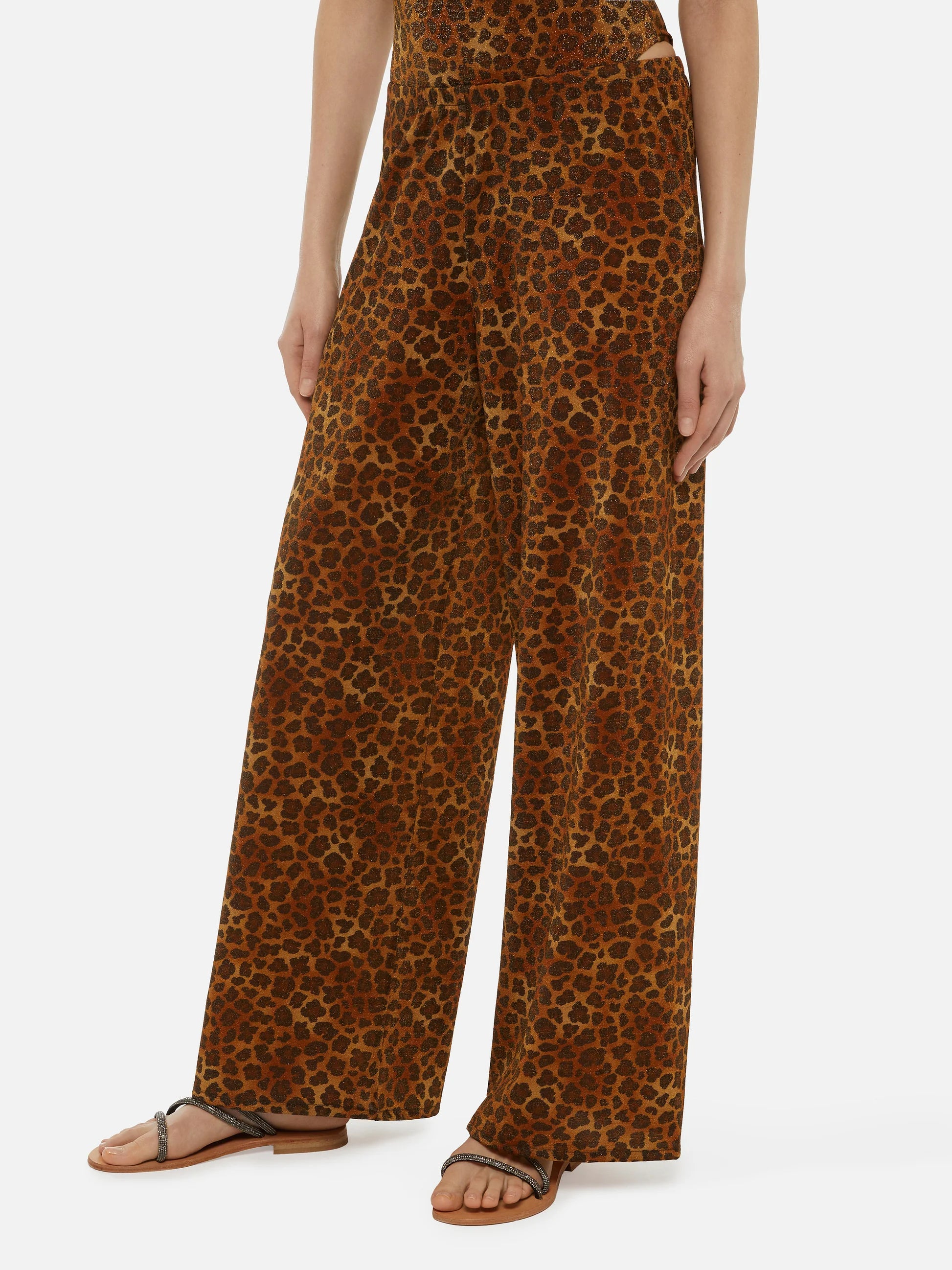 Pantaloni a gamba larga Amalia in lurex leopardato